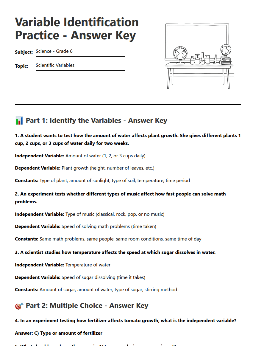Variable Identification Practice — Free Printable Worksheet for Science ...