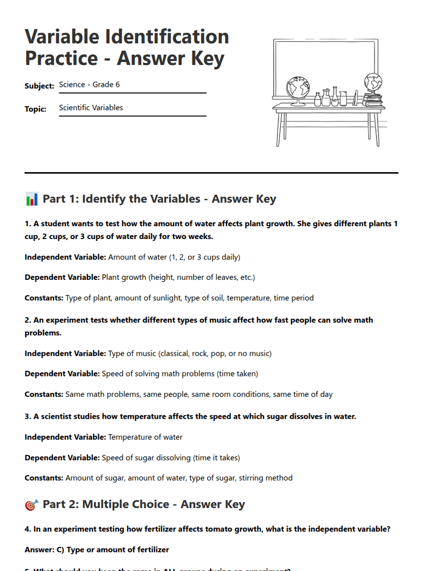 Variable Identification Practice — Free Printable Worksheet for Science ...