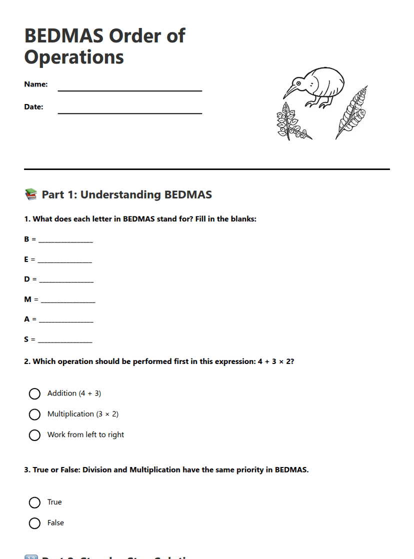 BEDMAS Order Operations — Free Printable Worksheet for Maths | Kuraplan