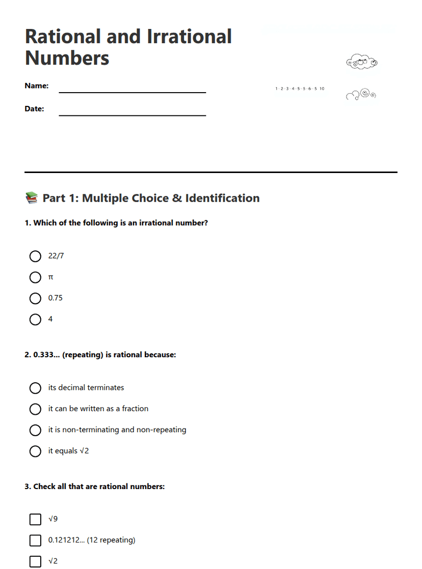Rational and Irrational Numbers — Free Printable Worksheet for ...
