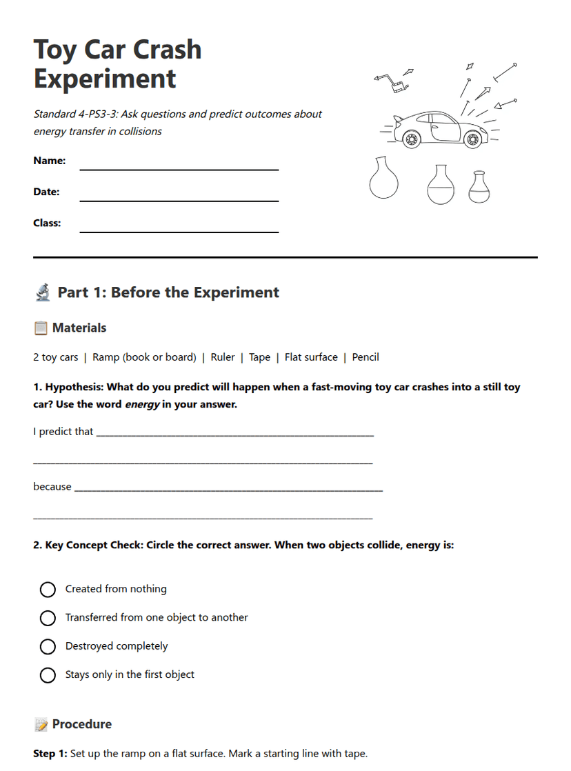 Toy Car Crash Experiment — Free Printable Worksheet for Science | Kuraplan